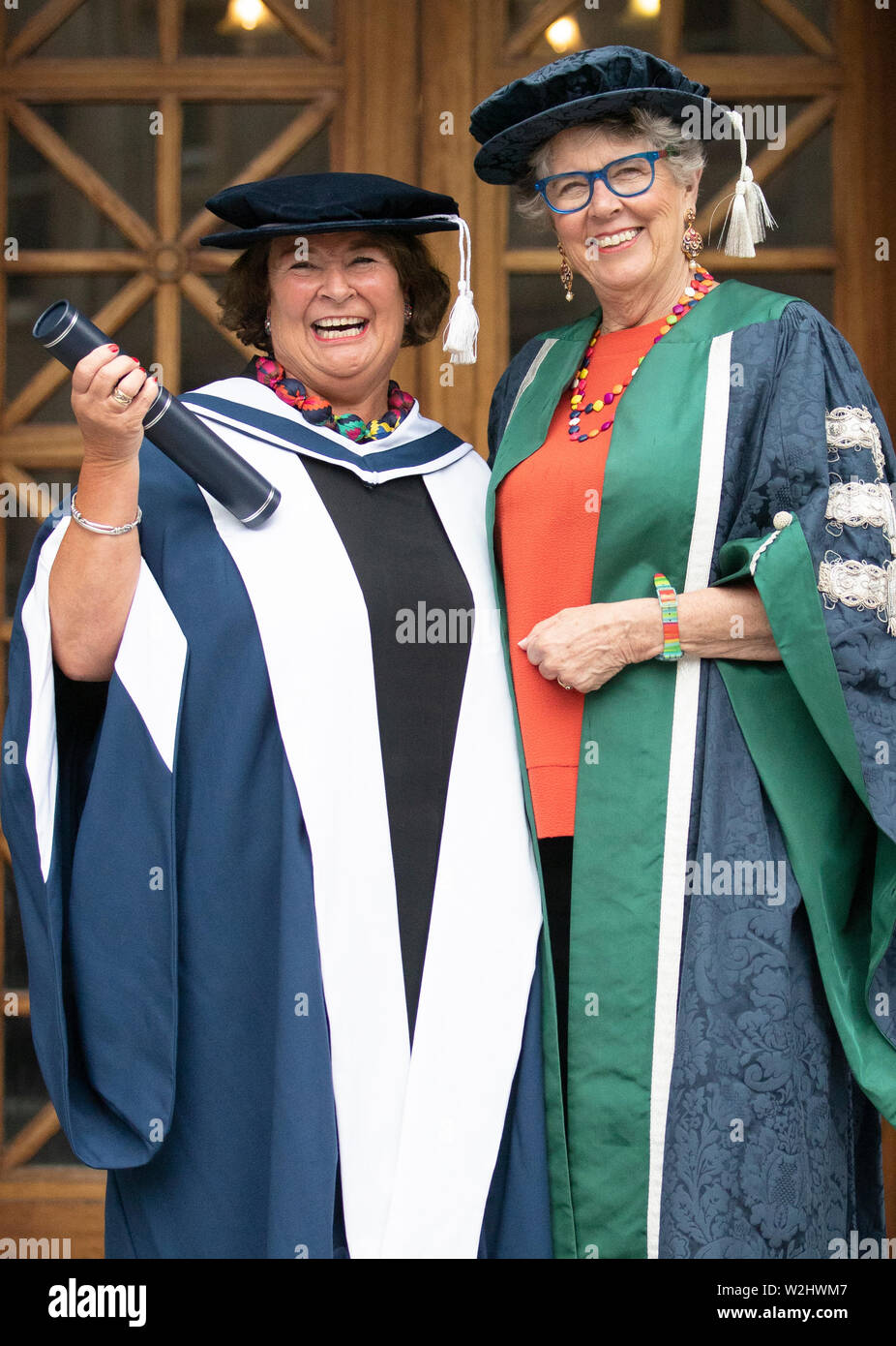 Prue Leith (left), Chancellor of Queen Margaret University and judge on the hit TV series 'The Great British Bake Off', joined honorary graduate Mairi O'Keefe at the Usher Hall, Edinburgh. Stock Photo