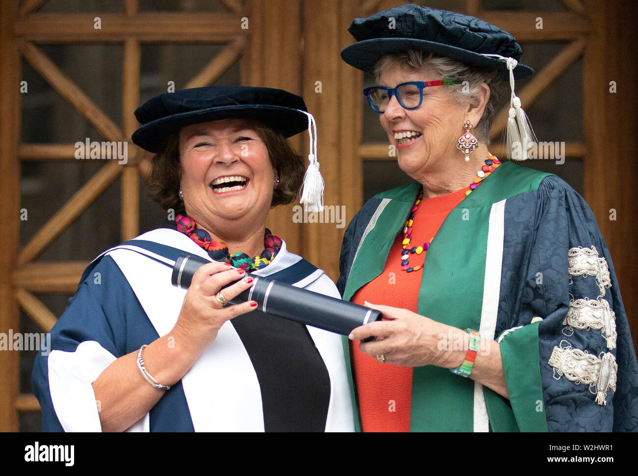 Prue Leith (left), Chancellor of Queen Margaret University and judge on the hit TV series 'The Great British Bake Off', joined honorary graduate Mairi O'Keefe at the Usher Hall, Edinburgh. Stock Photo