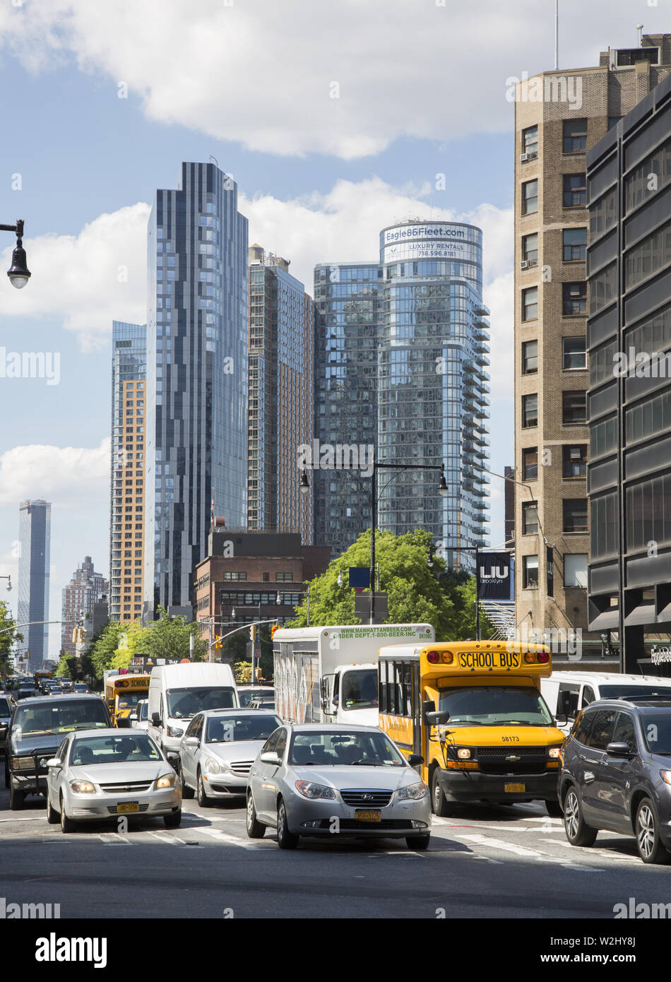 Looking down the ever changing and modernizing skyline of downtown Flatbush Avenue in Brooklyn, New York. Stock Photo
