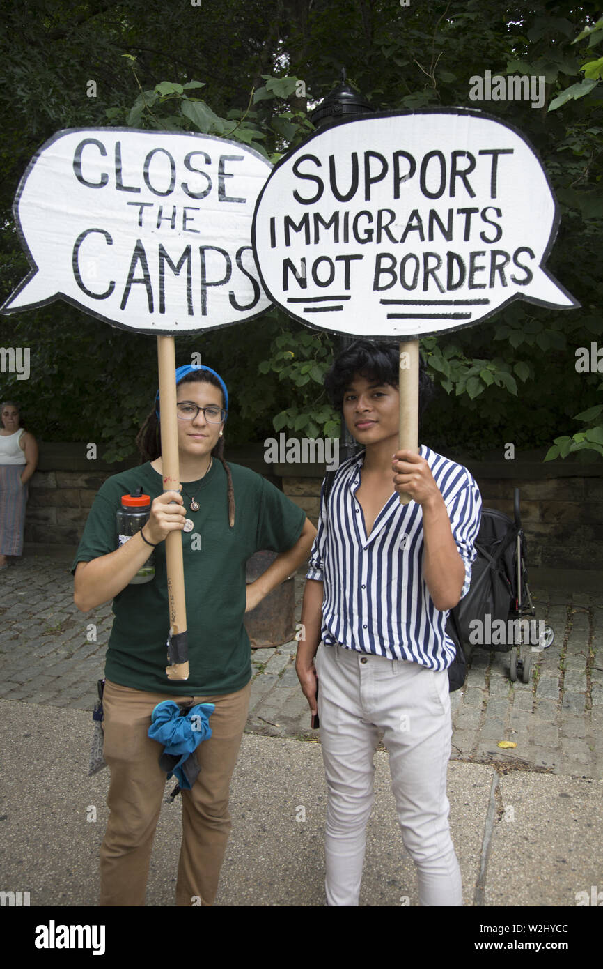 New Yorkers gather across the street from Senator Chuck Schumer's home in Park Slope, Brooklyn, NY on a national day of protest concerning the way asylum seekers, especially children are being treated in interment camps along the US Mexican Border. The government is not moving fast enough to alleviate the inhumane conditions there. They chanted 'Close the camps.' Stock Photo