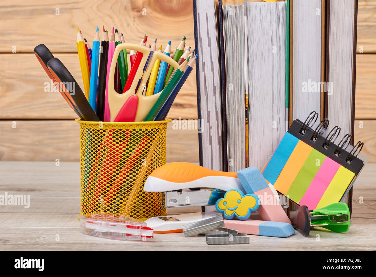 School stationery background Stock Photo Alamy