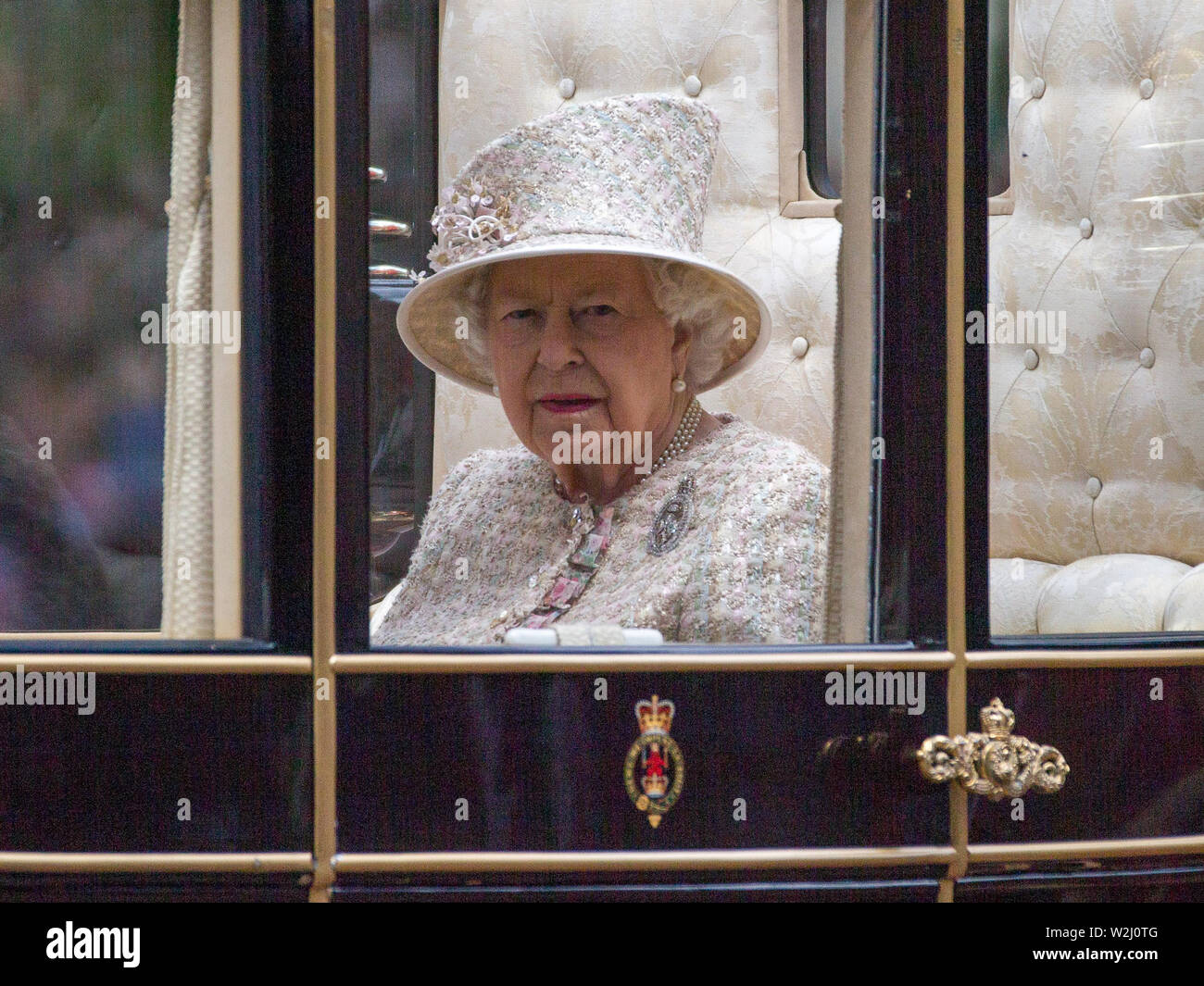 The official birthday of the British Sovereign has been marked by The Trooping of the Colour for more than 260 years. The royal spectacle sees over 1400 parading soldiers, 200 horses and 400 musicians take part in the annual event which is followed by an RAF fly-past over Buckingham Palace. Featuring: HM Queen Elizabeth II Where: London, United Kingdom When: 08 Jun 2019 Credit: Wheatley/WENN Stock Photo