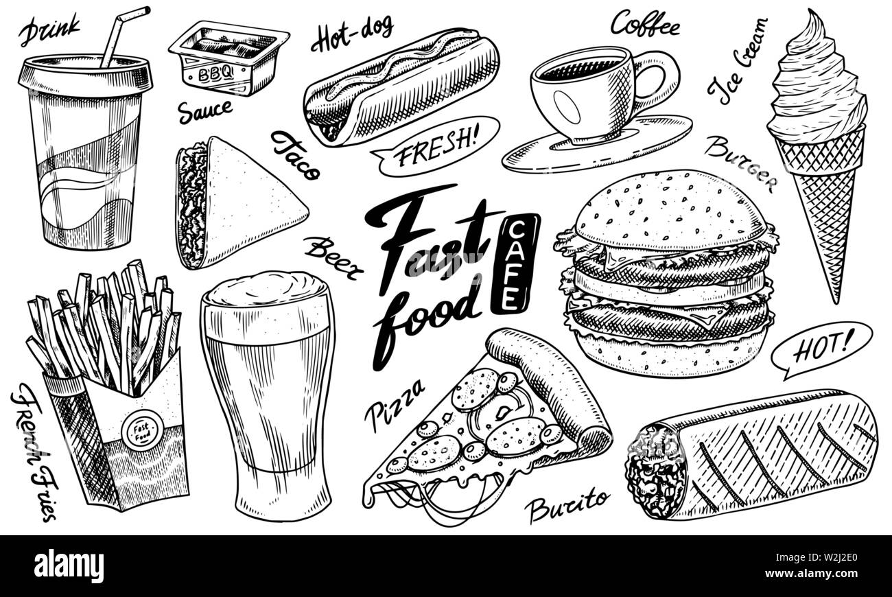 Fast food, burger and hamburger, tacos and hot dog, burrito and beer, drink and ice cream. Vintage Sketch for restaurant menu. Hand drawn in retro Stock Vector