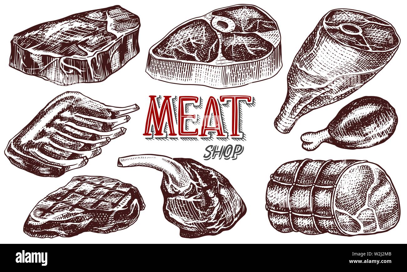 Beef meat, pork steak, chicken leg, meatloaf, bacon and ribs. Barbecue ...