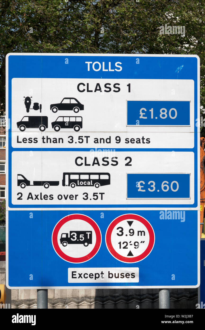 Signs displaying the toll charges to use the Queensway Tunnel in