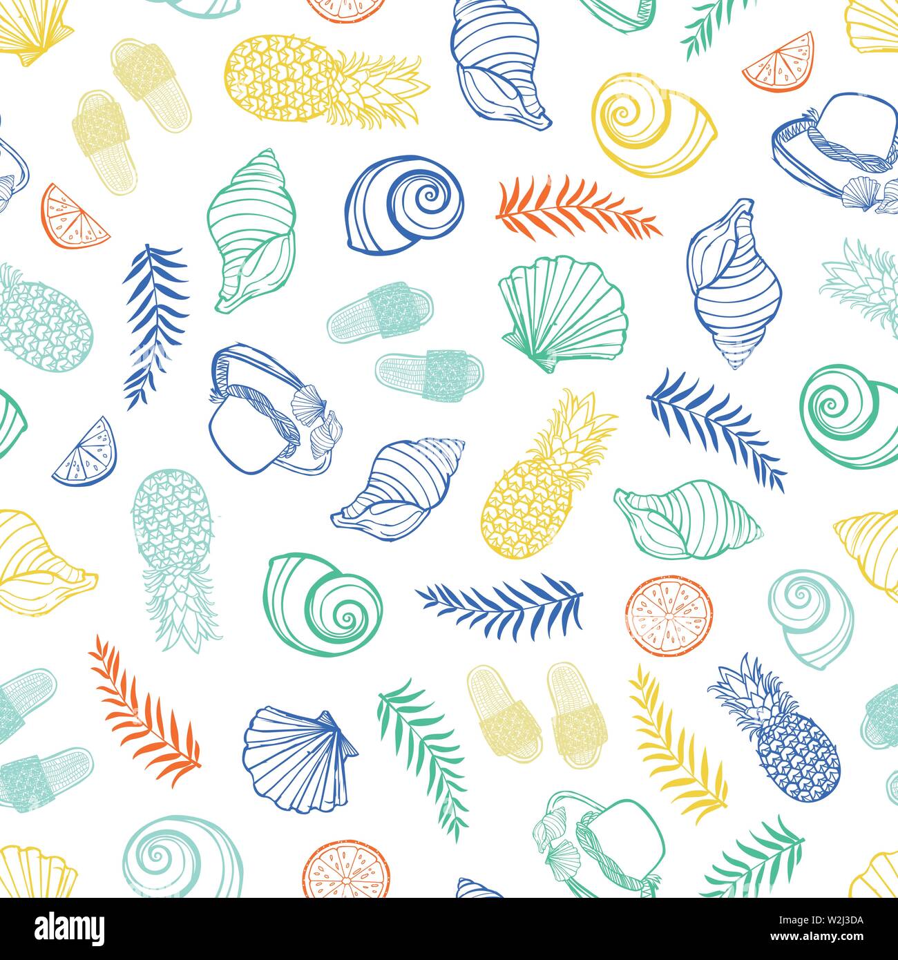 Vector white colorful tropical beach pattern with seashells, pinapples