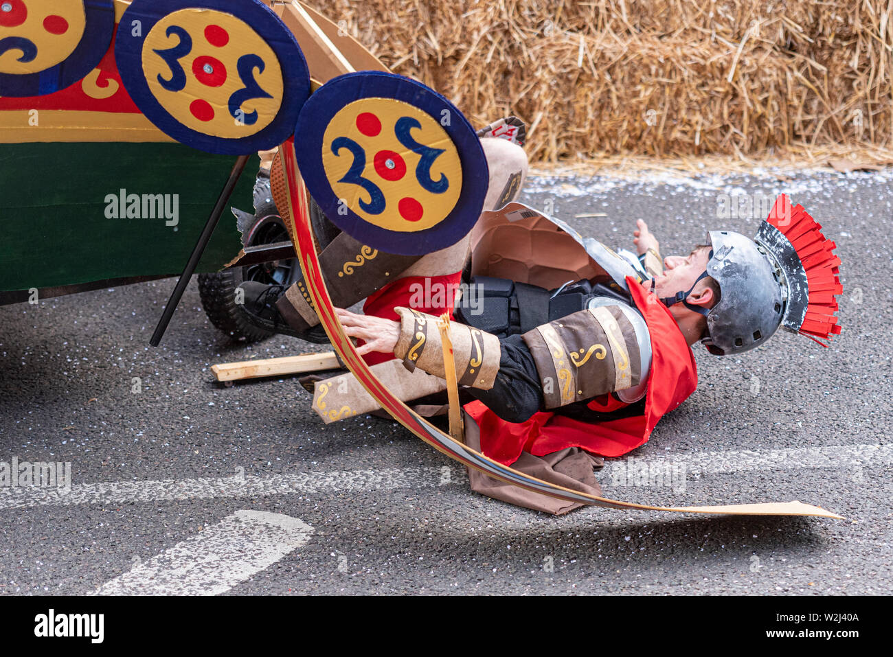 Emperor Barbus Bacterius and the Nautilus competing in the Red Bull Soapbox Race 2019 at Alexandra Park, London, UK. Rider falling out after crash Stock Photo
