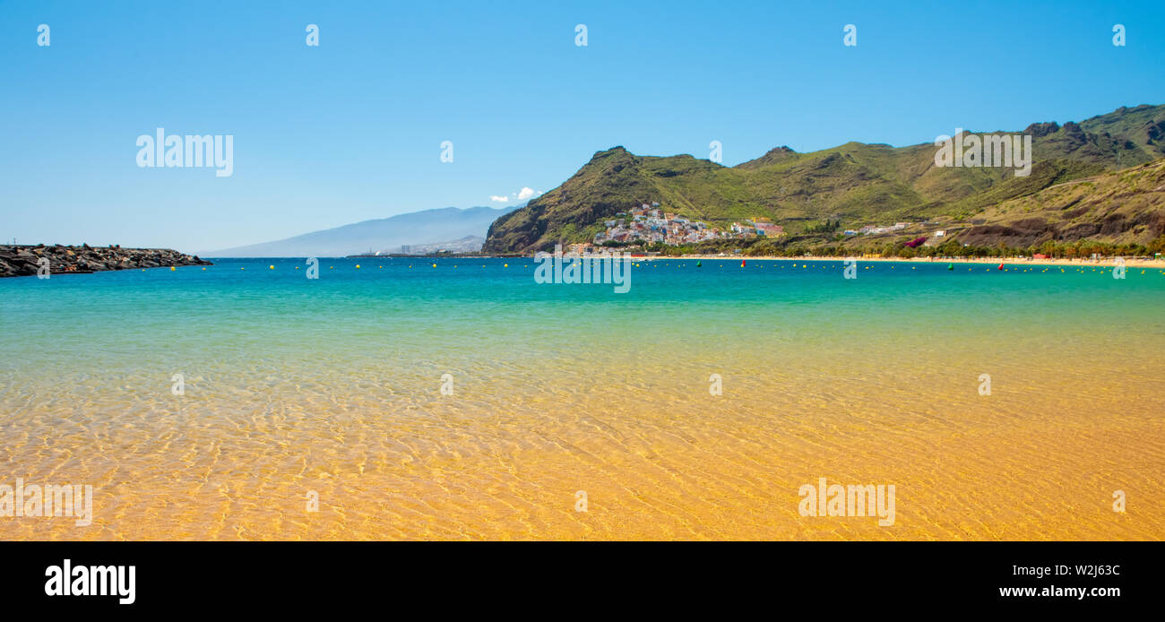 Amazing view of beach las Teresitas with yellow sand. Location: Santa Cruz de Tenerife, Tenerife, Canary Islands. Stock Photo