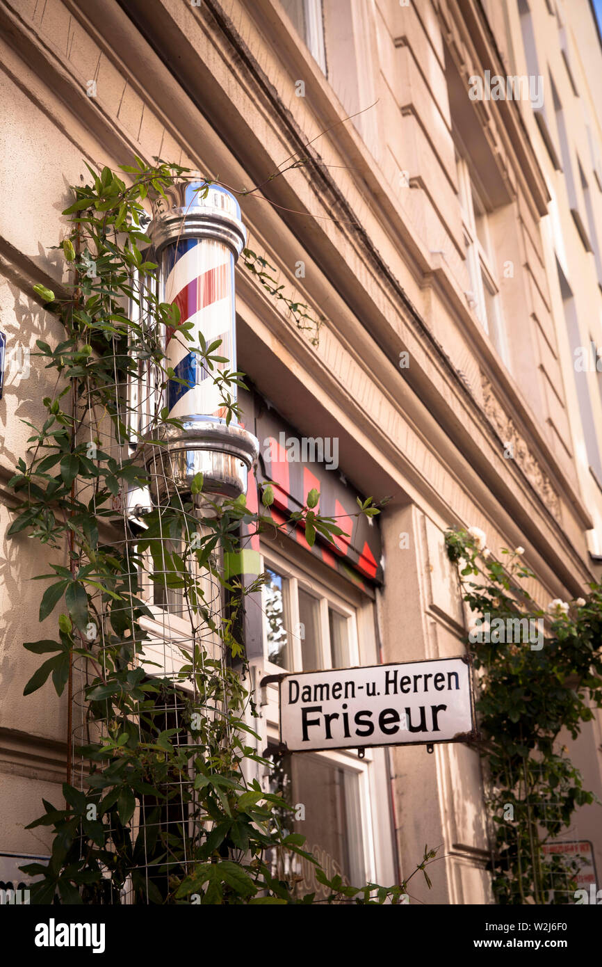 hairdresser on Dom streat, barberpole, Cologne, Germany.  Friseur in der Domstrasse, Barberpole, Koeln, Deutschland. Stock Photo