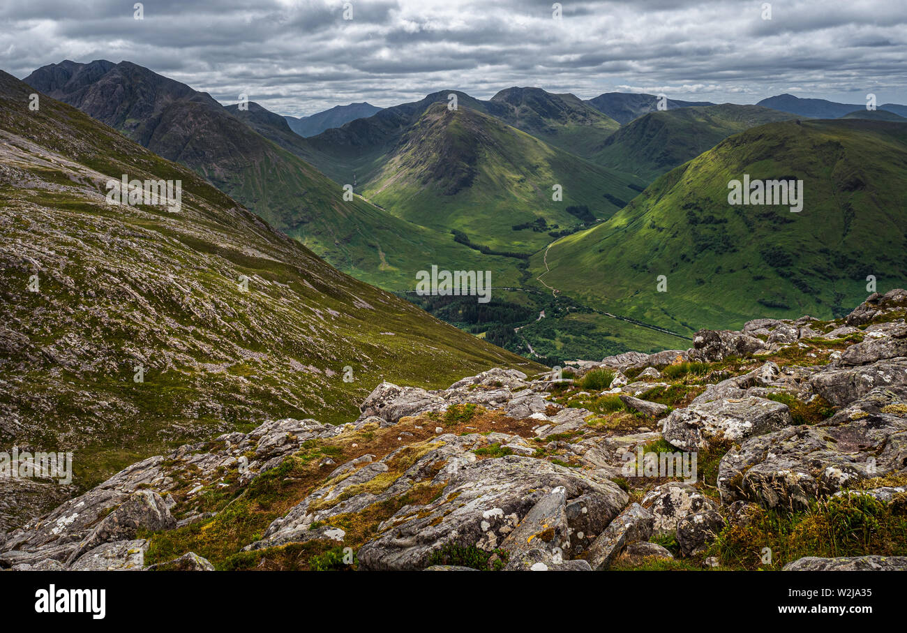 Looking south from the summit of Sgorr na Ciche or the Pap of Glencoe. A prominient summit above the village of Glencoe in the Scottish Highlands Stock Photo