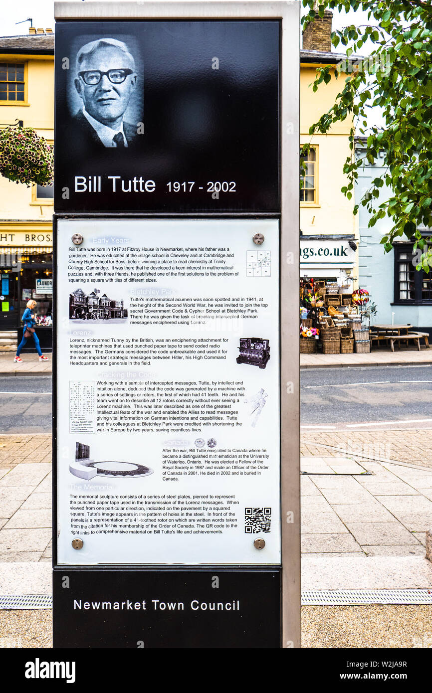 Bill Tutte memorial in Newmarket, Suffolk.  Tutte broke the extremely complex German Lorenz code in WW2 without ever seeing the coding machine. Stock Photo