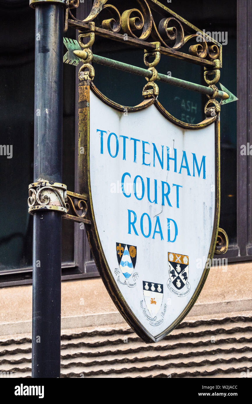 Vintage Tottenham Court Road sign dating from 1963. Originally located at the junction of St Giles Circus and Tottenham Court Road, now moved north. Stock Photo