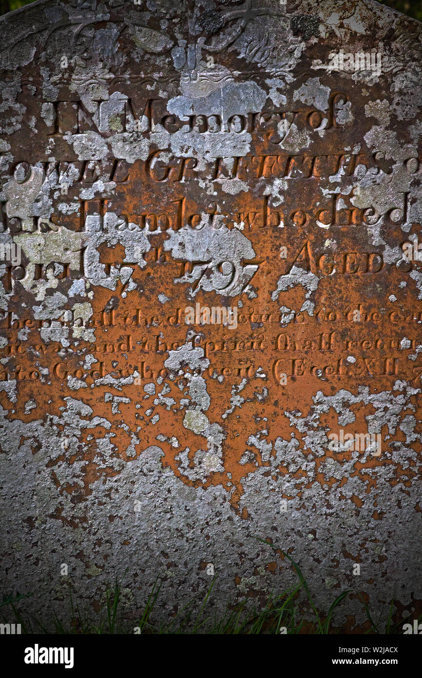 Weathered gravestone with lichen Stock Photo