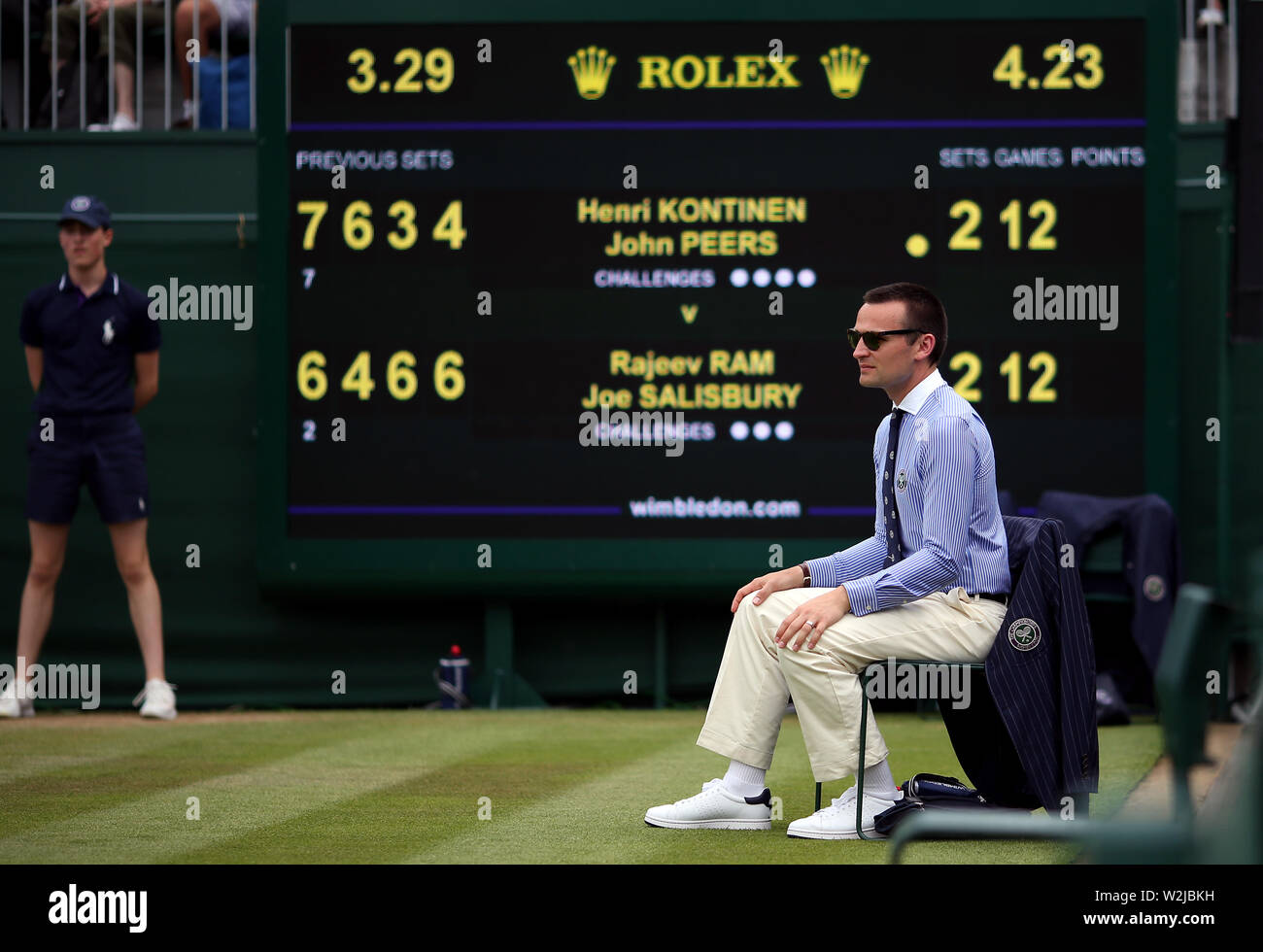 The scoreboard on court twelve displays the fifth set tie break for the  John Peers and Henri Kontinen against Joe Salisbury and Rajeev Ram mens  doubles match on day eight of the