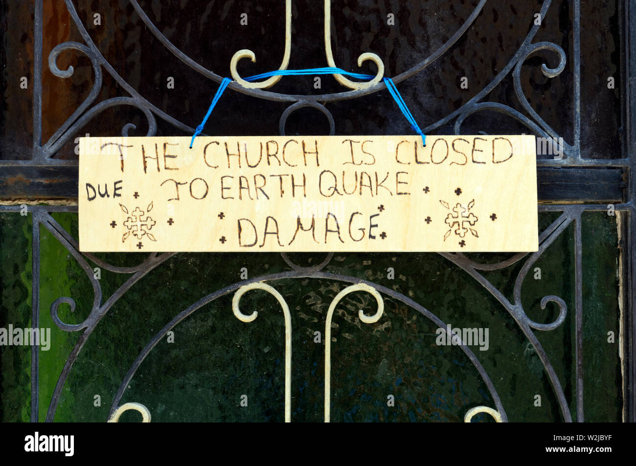Church closed due to Eathquake Damage sign. Church of Agia Paraskevi, Kos Town, Kos, Dodecanese Islands, Greece. Stock Photo