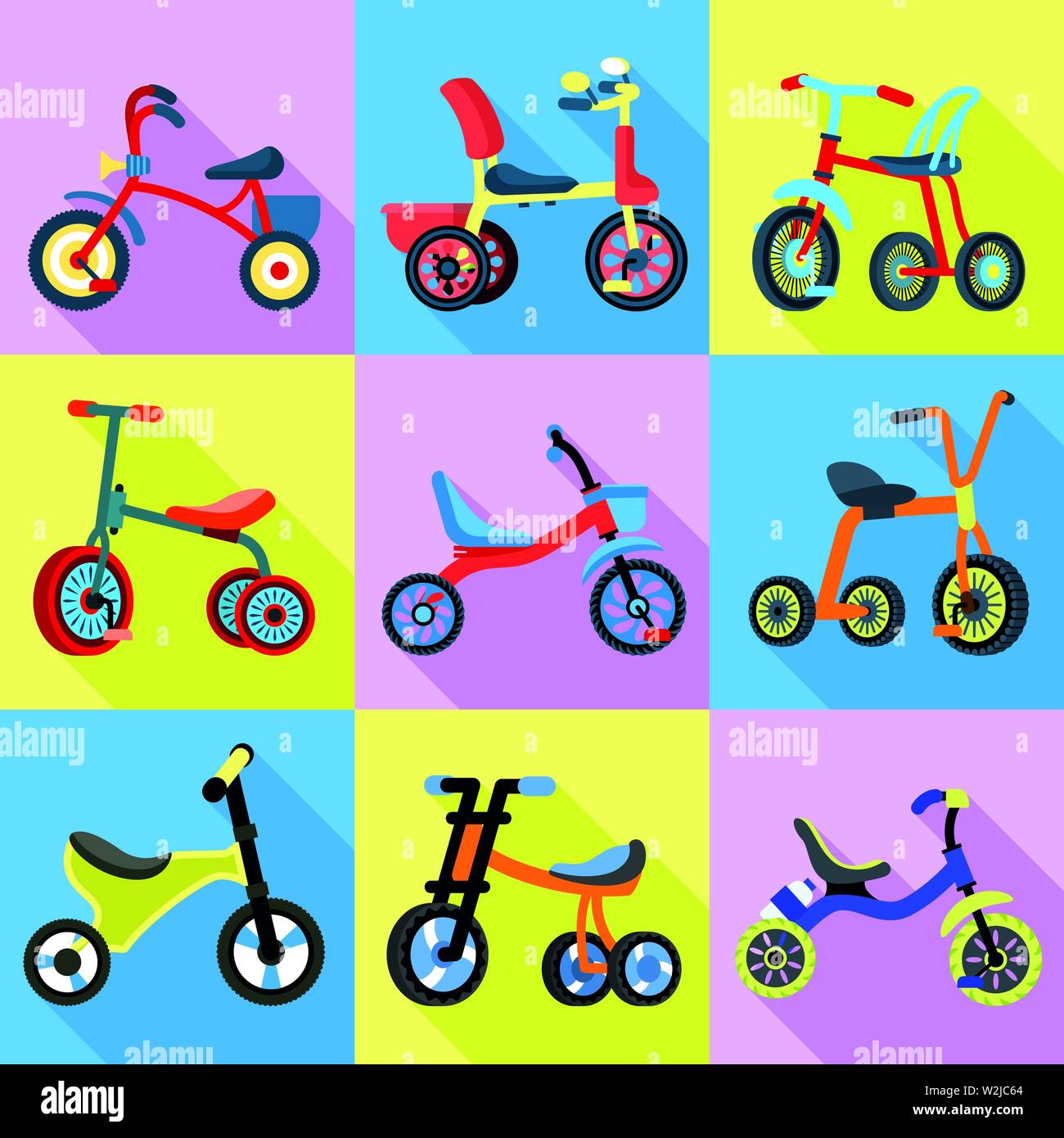 Tricycle icons set. Flat set of tricycle vector icons for web design