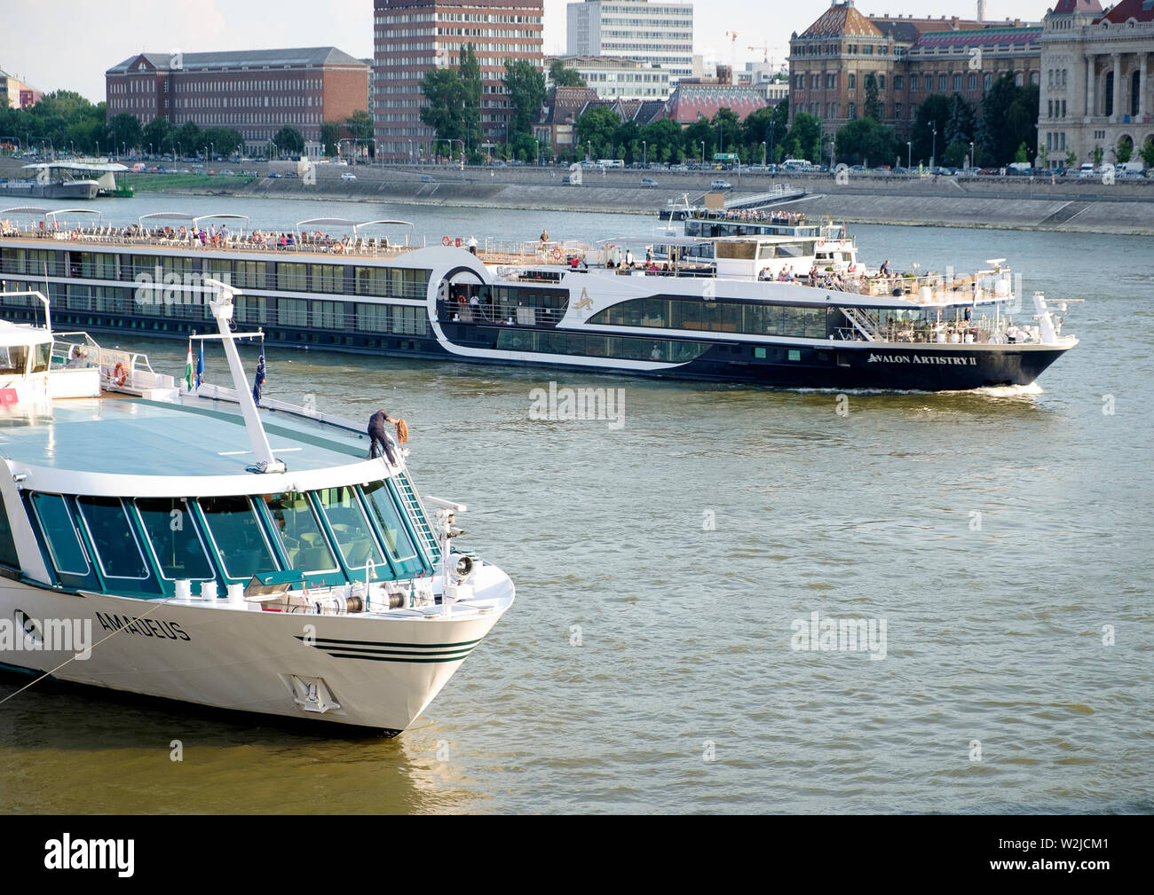 River cruise ships on the River Danube in the centre of Budapest Stock Photo