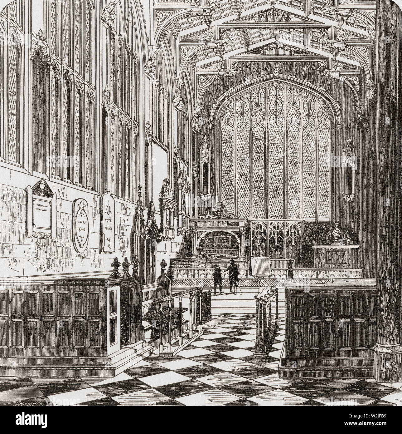 The Collegiate Church of the Holy and Undivided Trinity, Stratford-upon-Avon, England. The interior and tomb of William Shakespeare, seen here in the 19th century.  This church was the place of baptism and burial of William Shakespeare.  From English Pictures, published 1890. Stock Photo