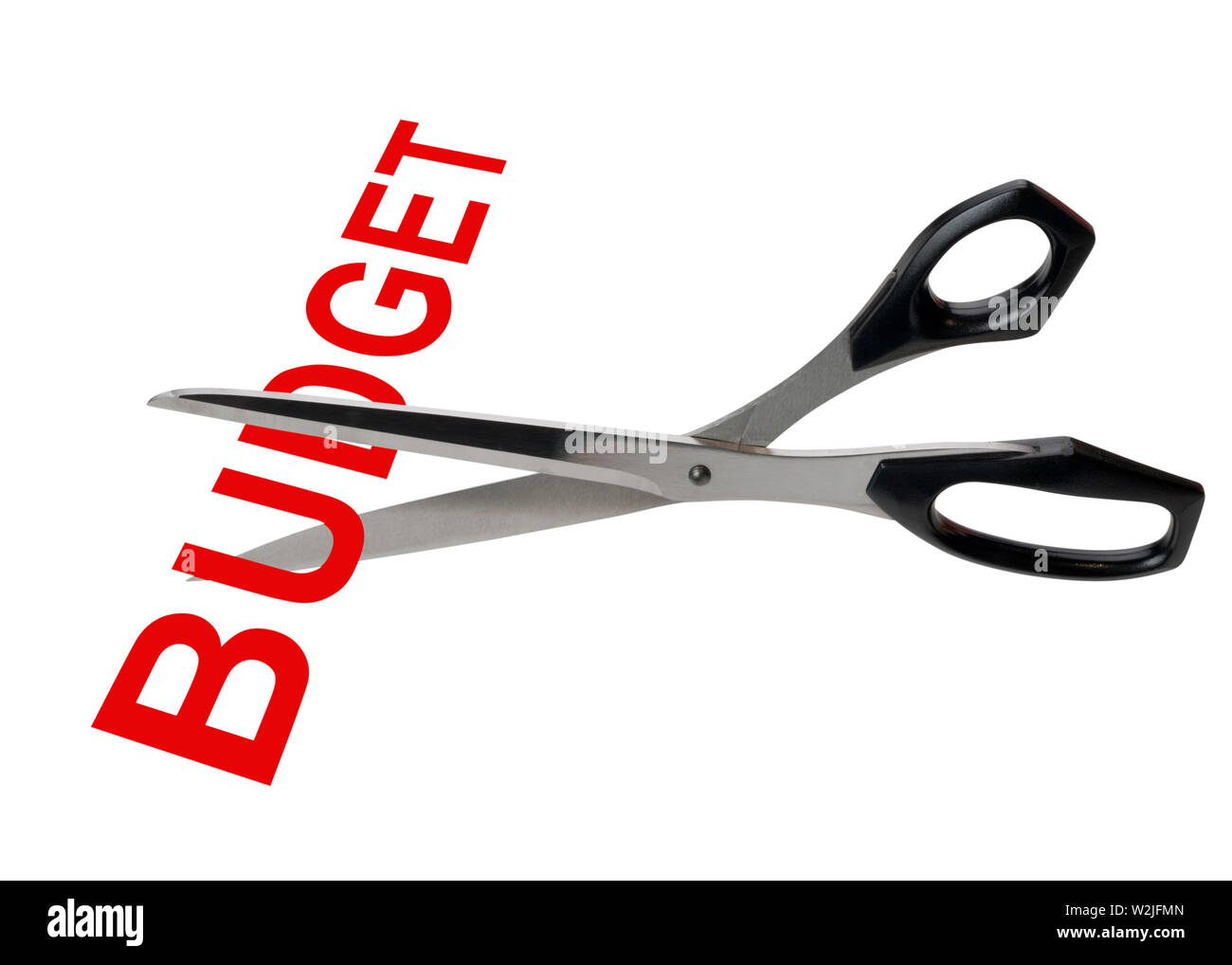 Save Download Preview Scissors cutting the word budget concept for recession or credit crisis, isolated Stock Photo