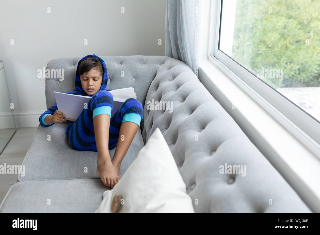 Boy reading a book on a sofa in living room Stock Photo