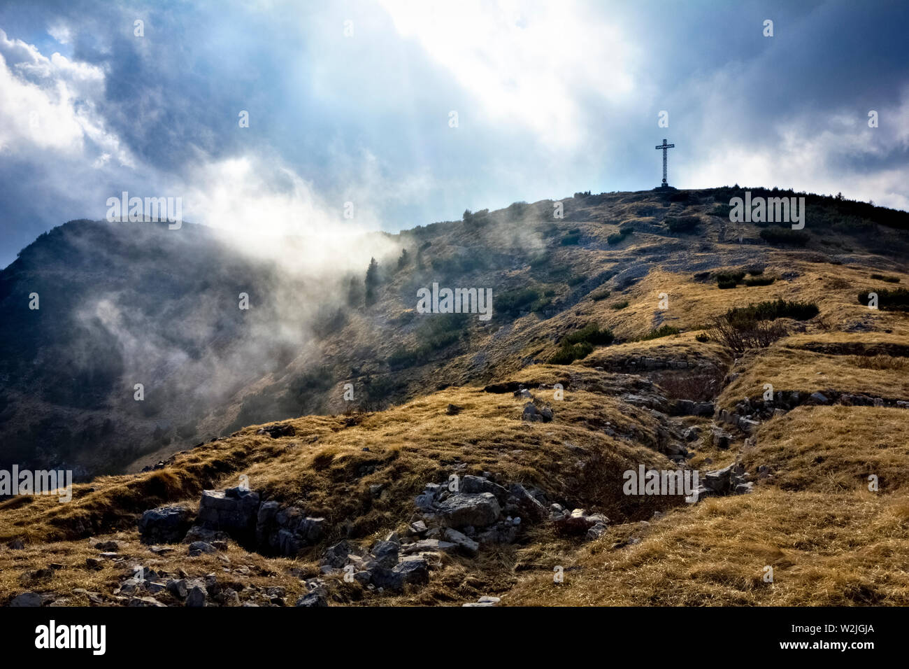 Mount Maggio: the cross on the top and the trenches of the Great War. Folgaria, Trento province, Trentino Alto-Adige, Italy, Europe. Stock Photo
