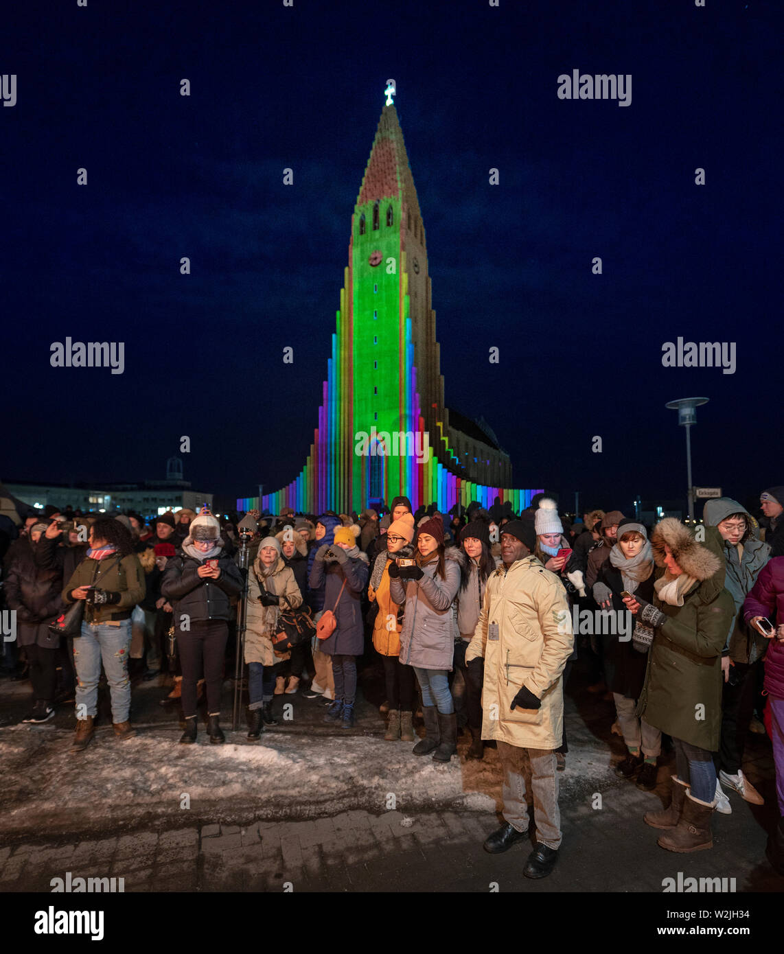 Tourists taking pictures during the Vetrarhatid or The Winter Lights, Reykjavik, Iceland Stock Photo