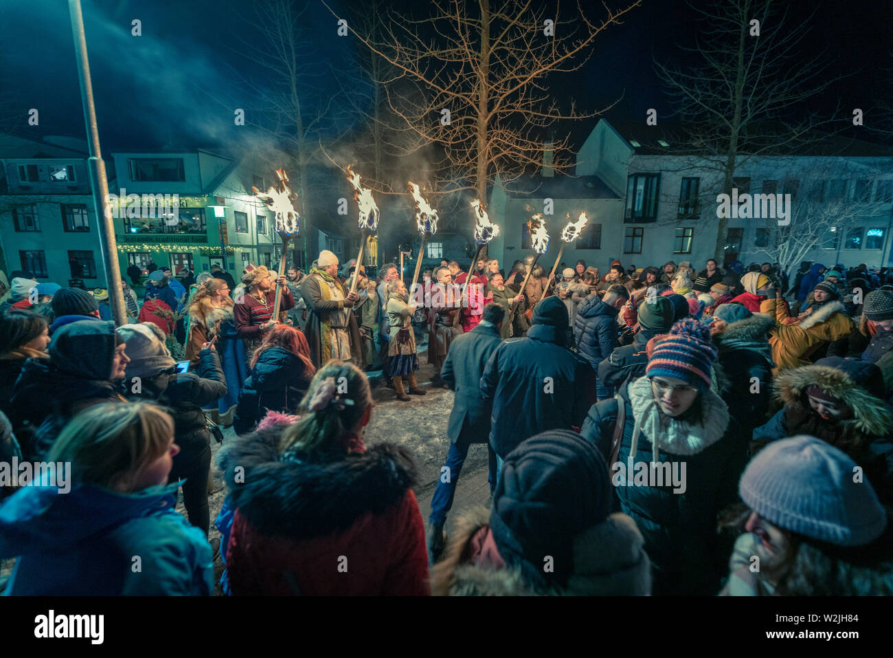 Vikings entertaining tourists at the Winter Lights Festival, Reykjavik, Iceland Stock Photo