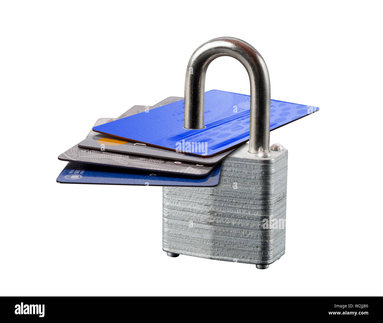 Save Download Preview A bunch of credit cards secured with a padlock as a metaphor for safety Stock Photo