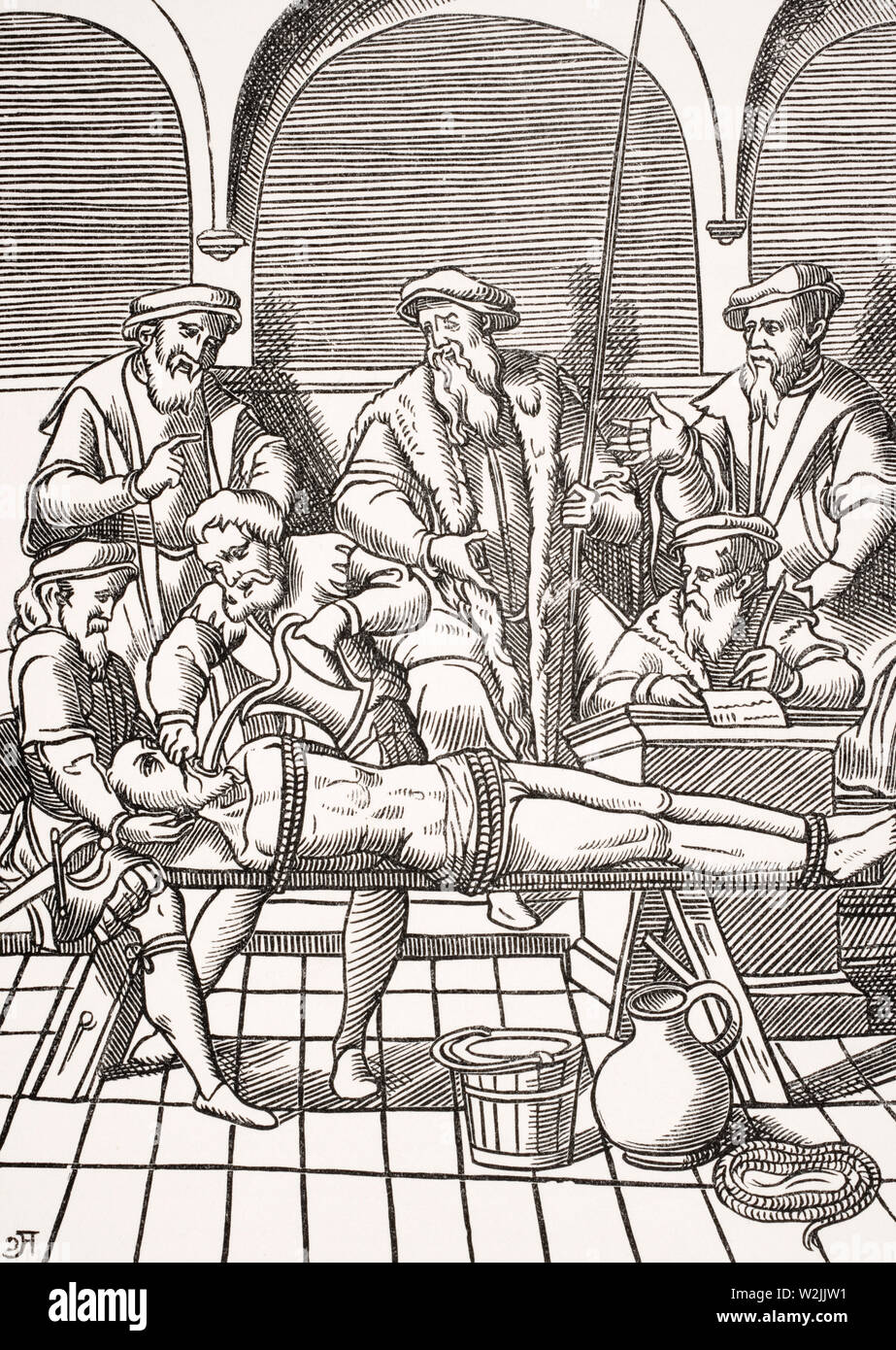 The water torture. Copy of a woodcut in J. Damhoudere´s Praxis Rerum Criminalium published Antwerp 1556 Stock Photo