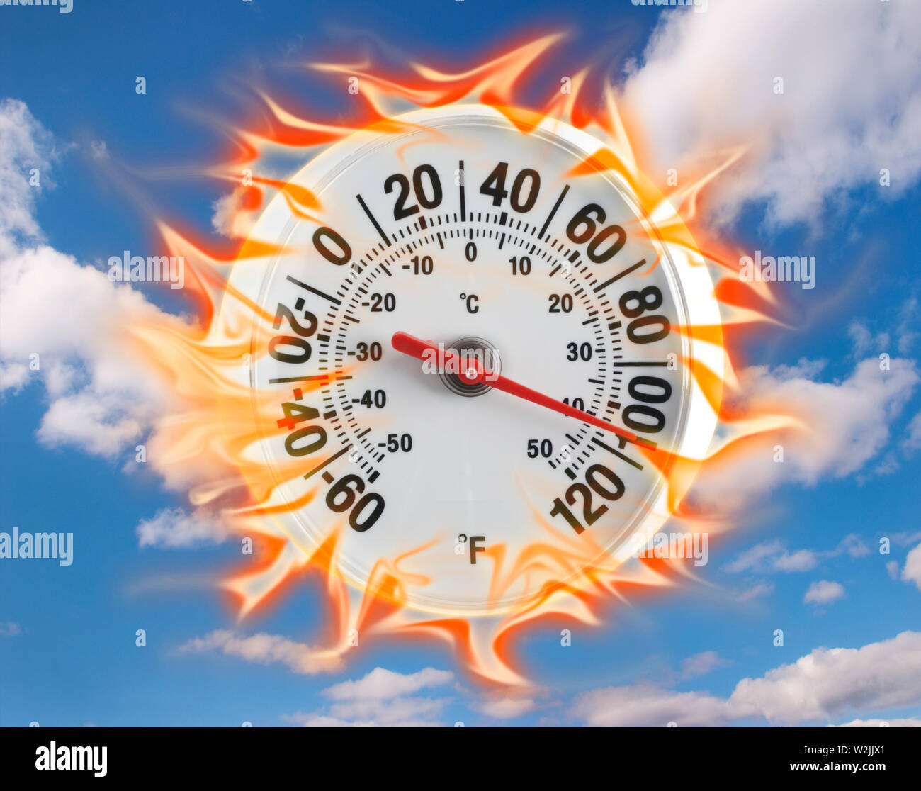 Outdoor thermometer indicating 107 degrees Fahrenheit or 40 Celsius, with dial on fire Stock Photo