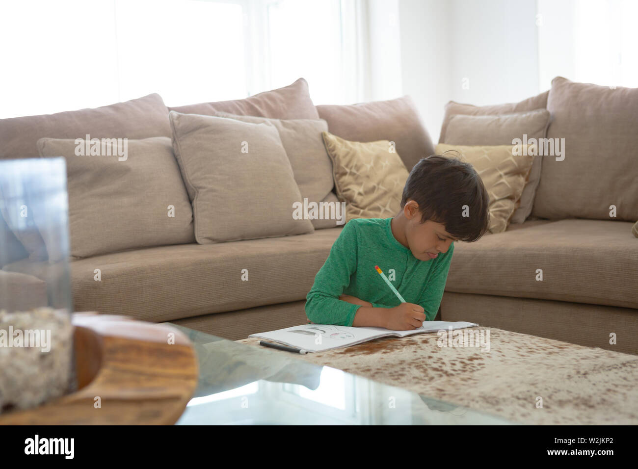 Boy studying in living at home Stock Photo