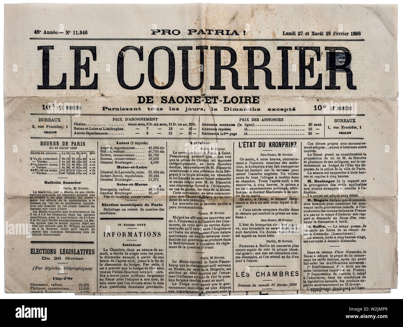 Old French newspaper "Le Courrier" printed over postage stamp, 27/28th February 1888 Stock Photo
