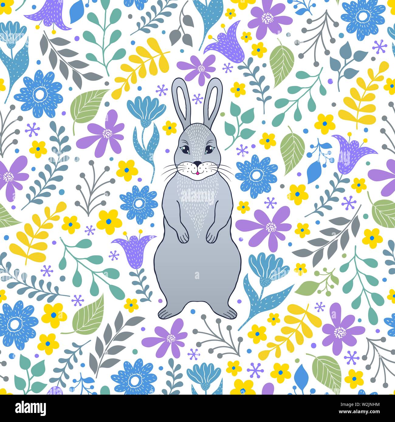 Seamless pattern with rabbit and flowers on white background Stock Vector