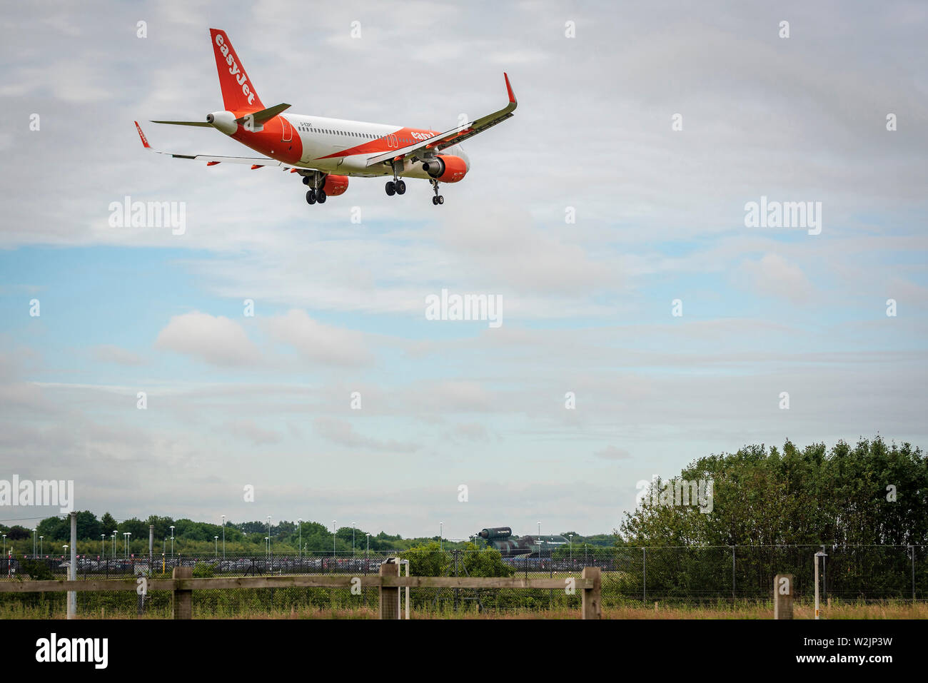 Easjet Airbus landing at Manchester airport Stock Photo