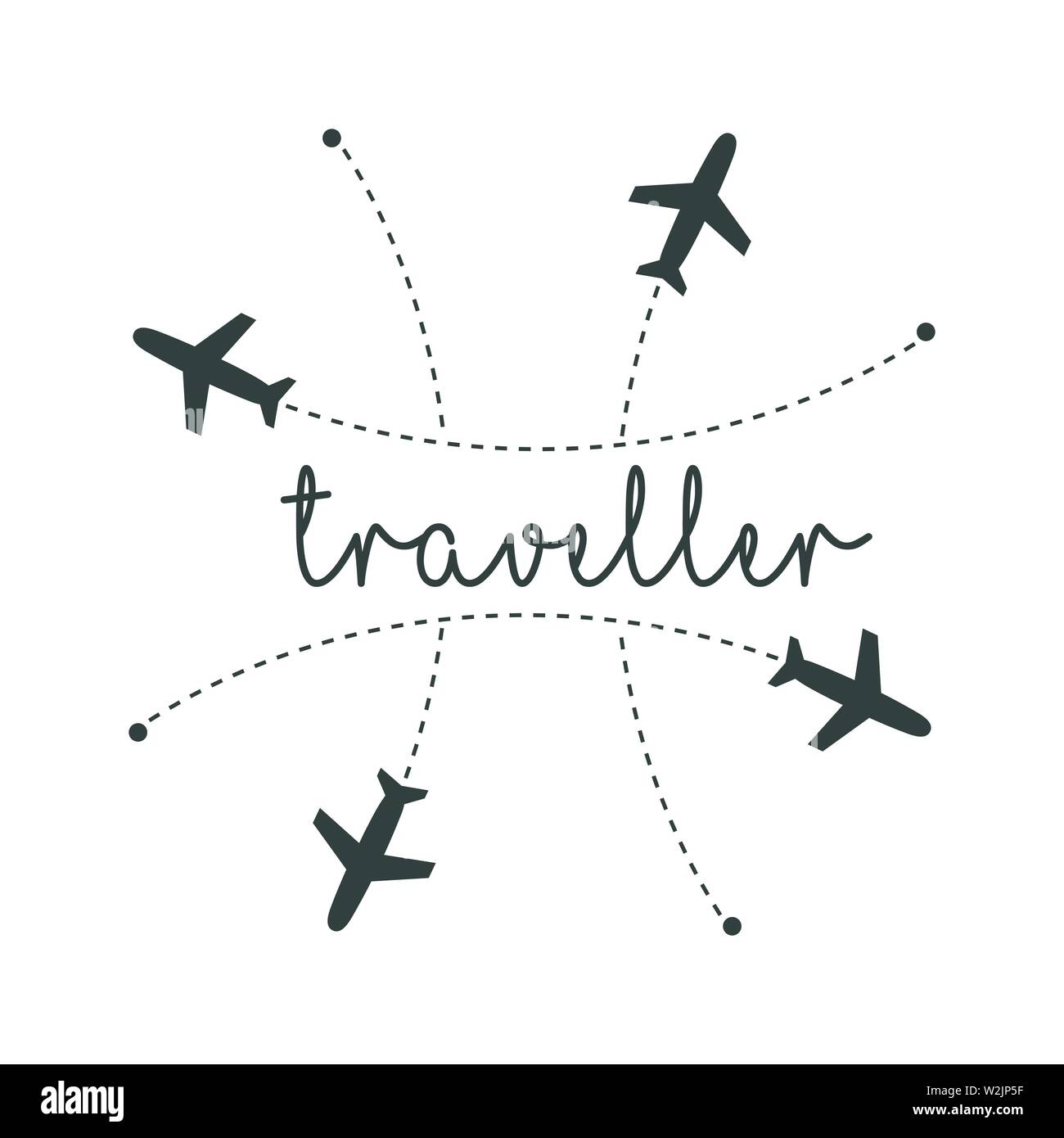 Traveller logo concept. Lettering traveler, with flying airplanes around the inscription. Flying plane along route, zigzag line. Airplane in the sky Stock Vector