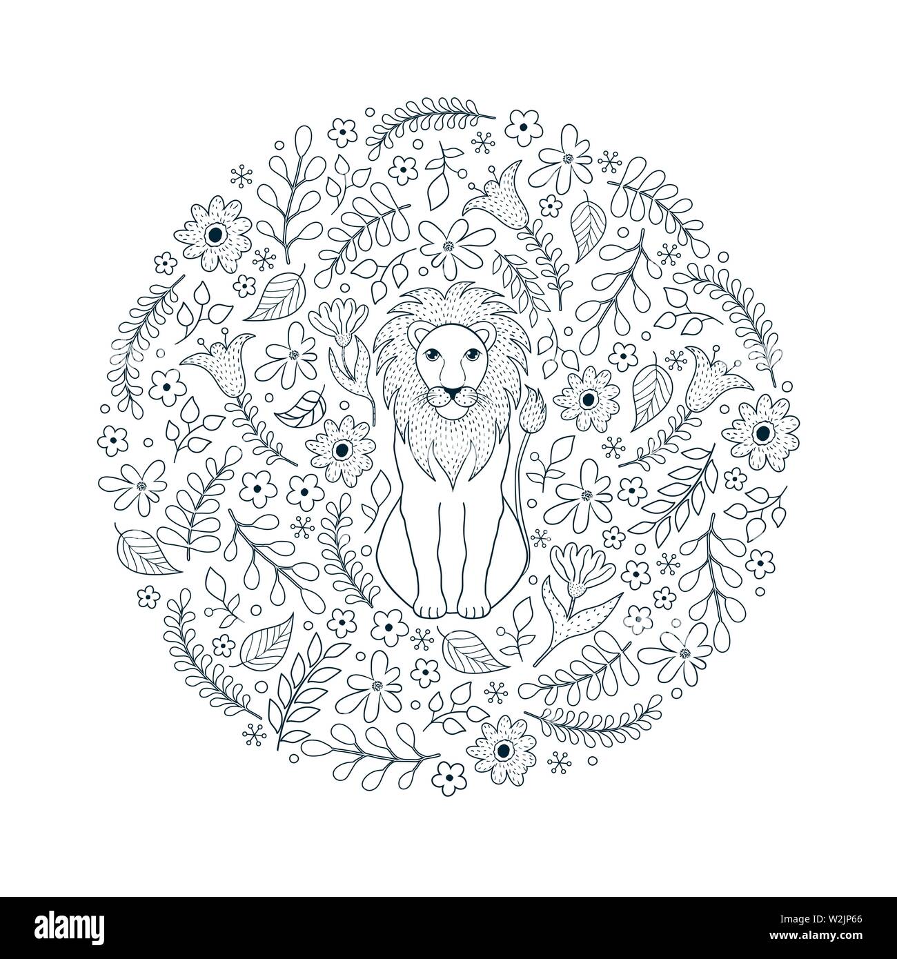 Pattern with lion and flowers on white background Stock Vector