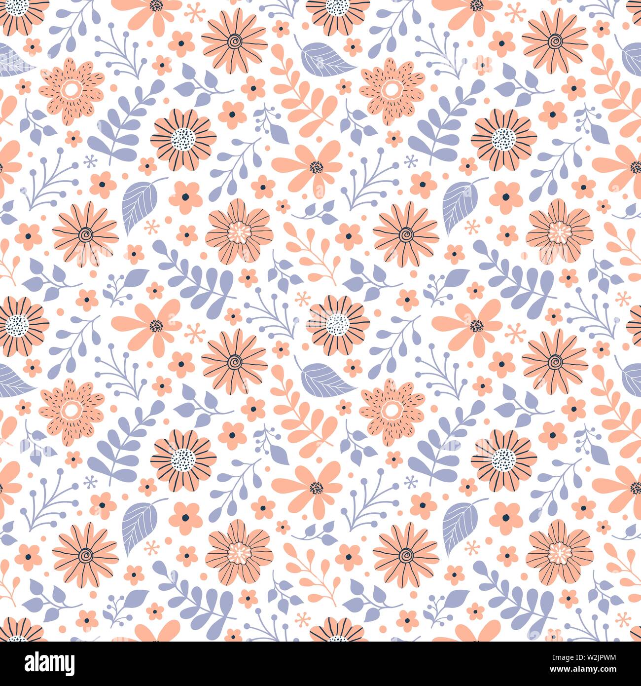 Floral seamless pattern with flowers and leaves on white background ...