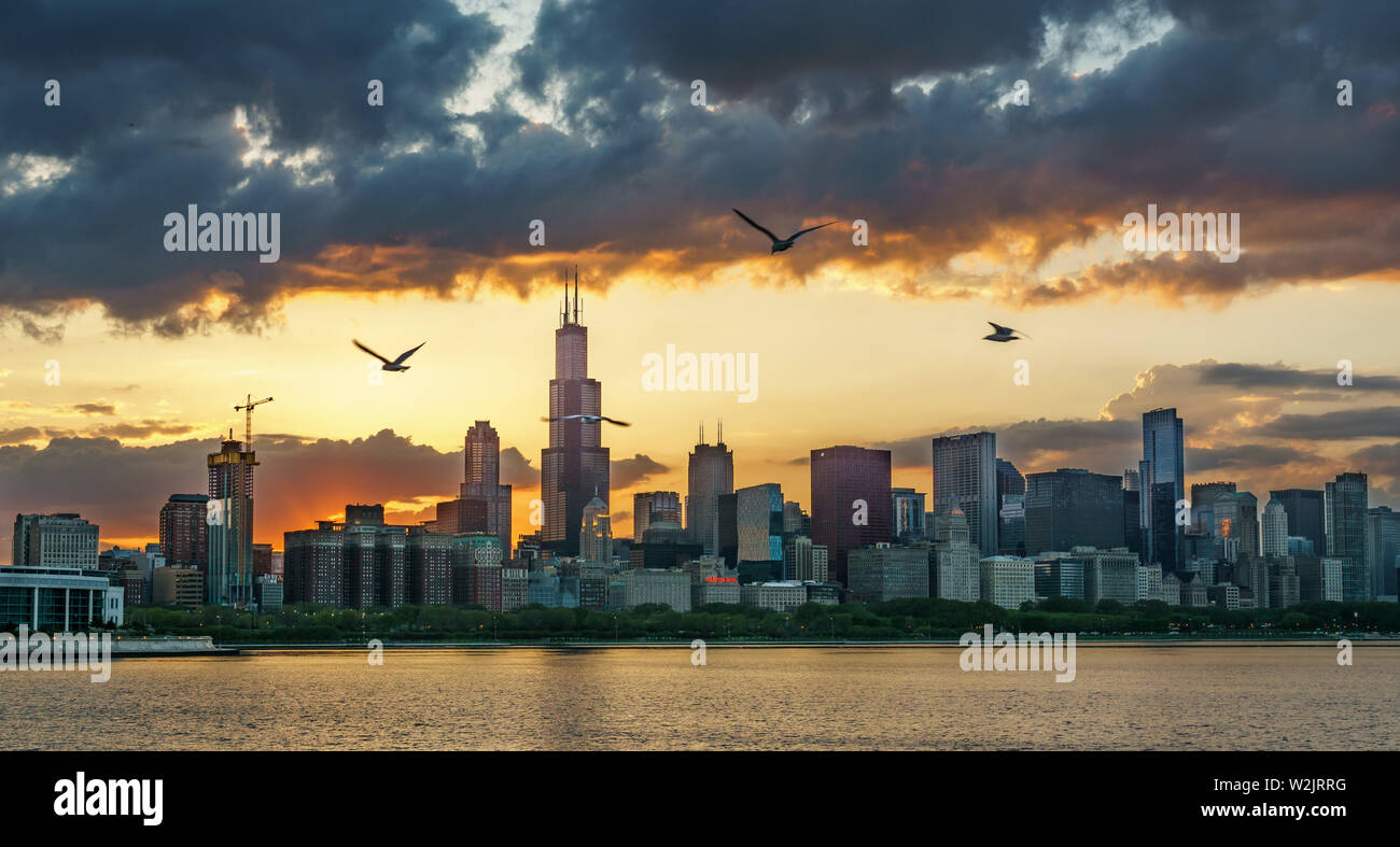 The Chicago Skyline at Sunset Stock Photo