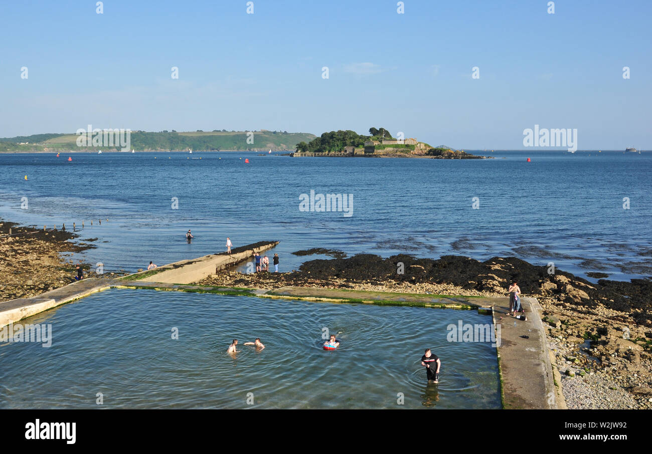 Outdoor seawater swimming pool with Drake's Island behind, Plymouth