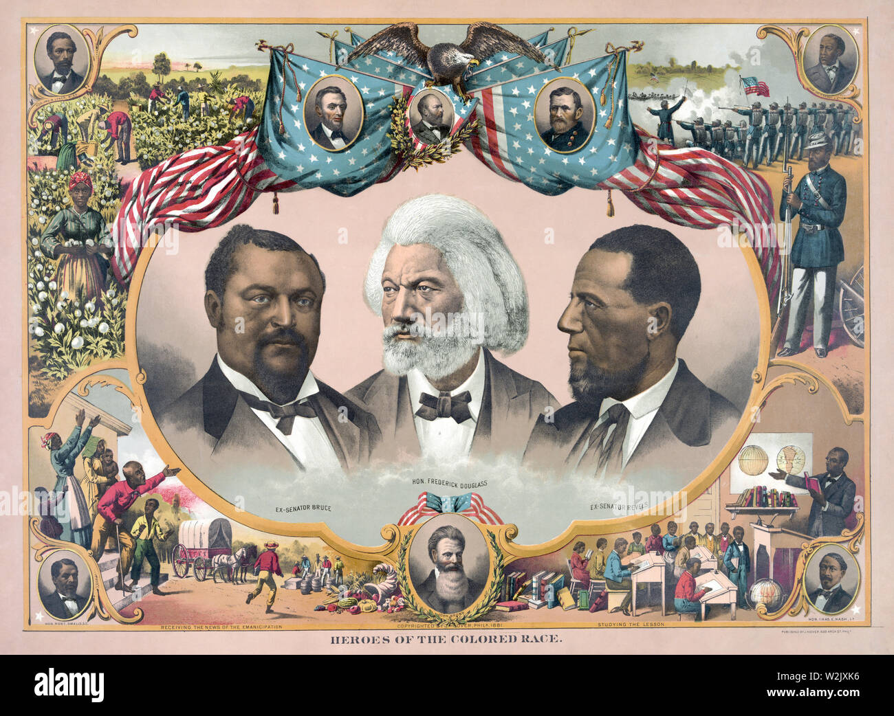 'Heroes of the Colored Race', Featuring Blanche Kelso Bruce, Frederick Douglass, and Hiram Rhoades Revels, Chromolithograph, Published by J. Hoover, Philadelphia, 1881 Stock Photo