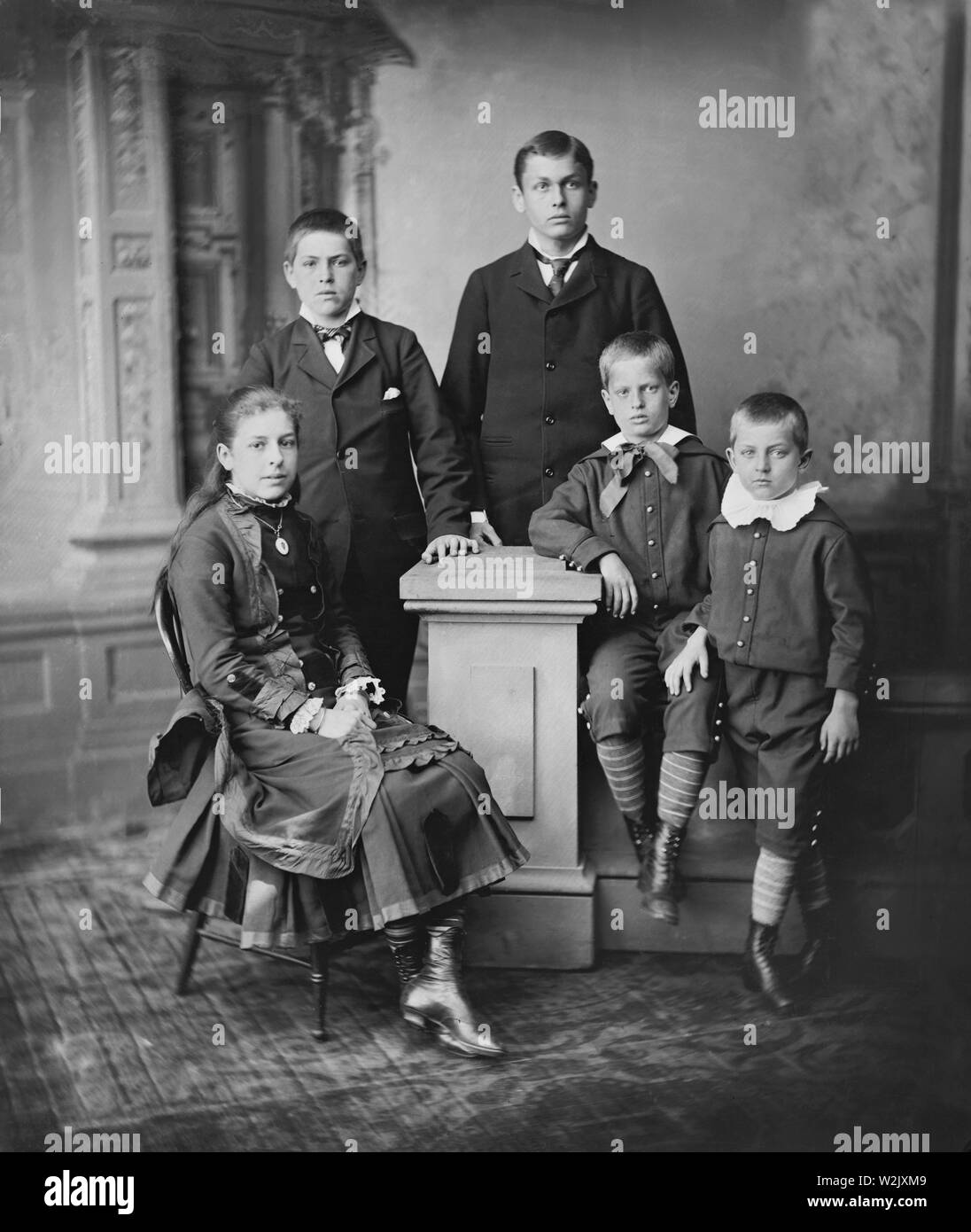 Children of U.S. President James A. Garfield, (l-r), Mary, James, Harry, Irvin, Abram,  Full-Length Portrait, Brady-Handy Collection, 1880 Stock Photo