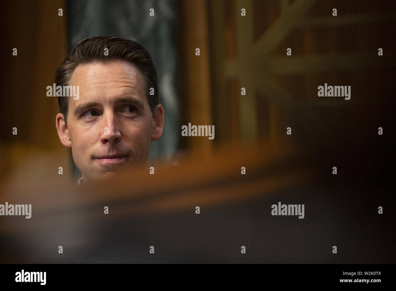 July 9, 2019 - Washington, District of Columbia, U.S. - United States Senator Josh Hawley (Republican of Missouri) listens to the testimony of Solicitor Of The Fourteenth Judicial District, South Carolina Duffie Stone, Professor Angela J. Campbell of the Communications & Technology Clinic Institute For Public Representation, Founder and CEO of Protect Young Eyes Christopher McKenna, President And Chief Executive Officer National Center for Missing and Exploited Children John F. Clark, and Founder And CEO Family Online Safety Institute Stephen Balkam during the Senate Judiciary Committee hearin Stock Photo