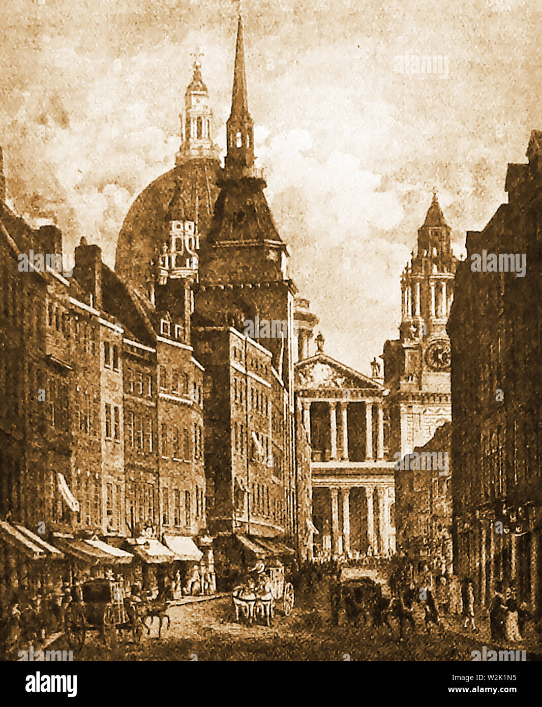 Ludgate Hill, London, England  in the 18th Century with a view of St. Paul's Cathedral Stock Photo