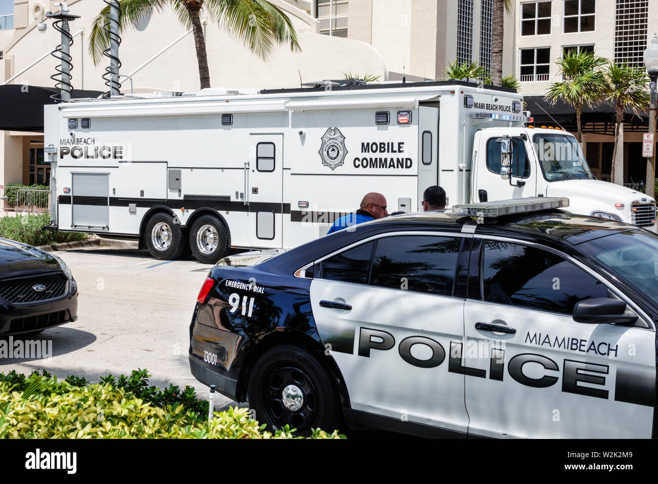 Miami Beach Florida,North Beach,Fire on the Fourth Festival July 4th annual police presence,car cars,Mobile Command vehicle,FL190704029 Stock Photo