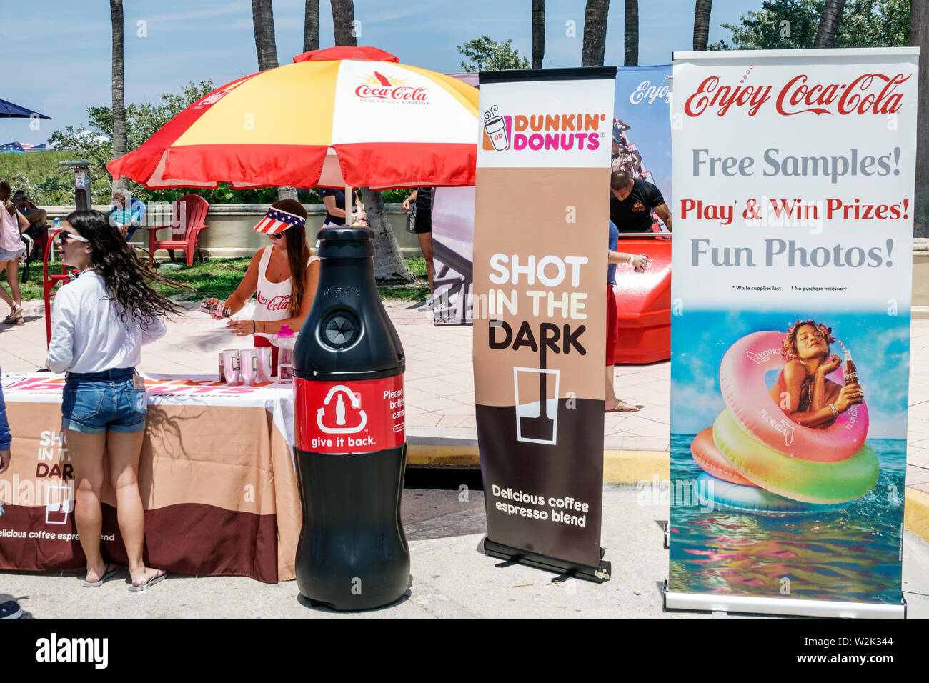 Miami Beach Florida,North Beach,Fire on the Fourth Festival July 4th annual Coca-Cola Coke free sample new product Vanilla,Dunkin' Donuts Shot in the Stock Photo