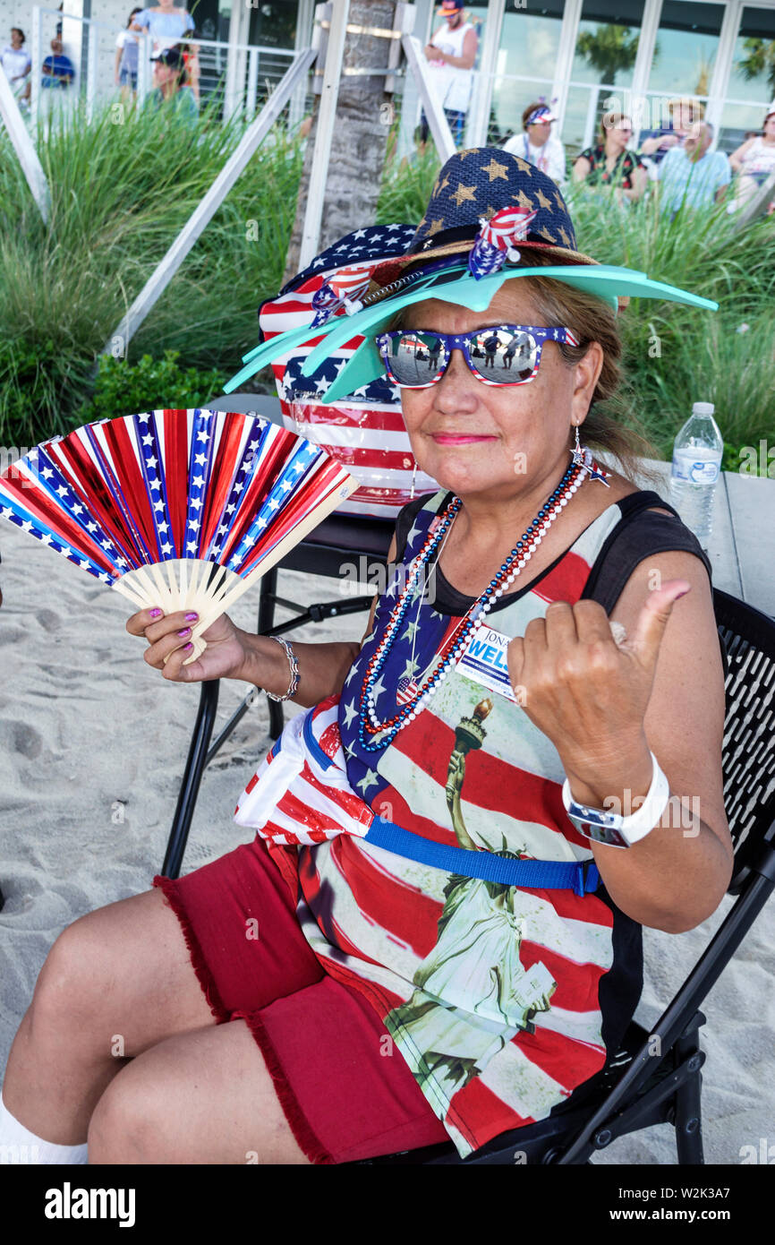 Miami Beach Florida,North Beach,Fire on the Fourth Festival July 4th annual Hispanic woman female women,patriotic stars & stripes flag fashion,FL19070 Stock Photo
