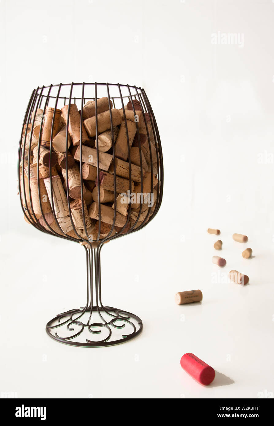 Corks from the bottles inside a vase simulating a glass of wine