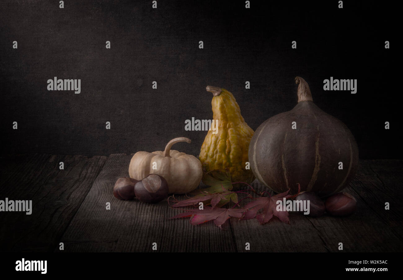 still life pumpkin composition with autumn colors on wood and dark background Stock Photo