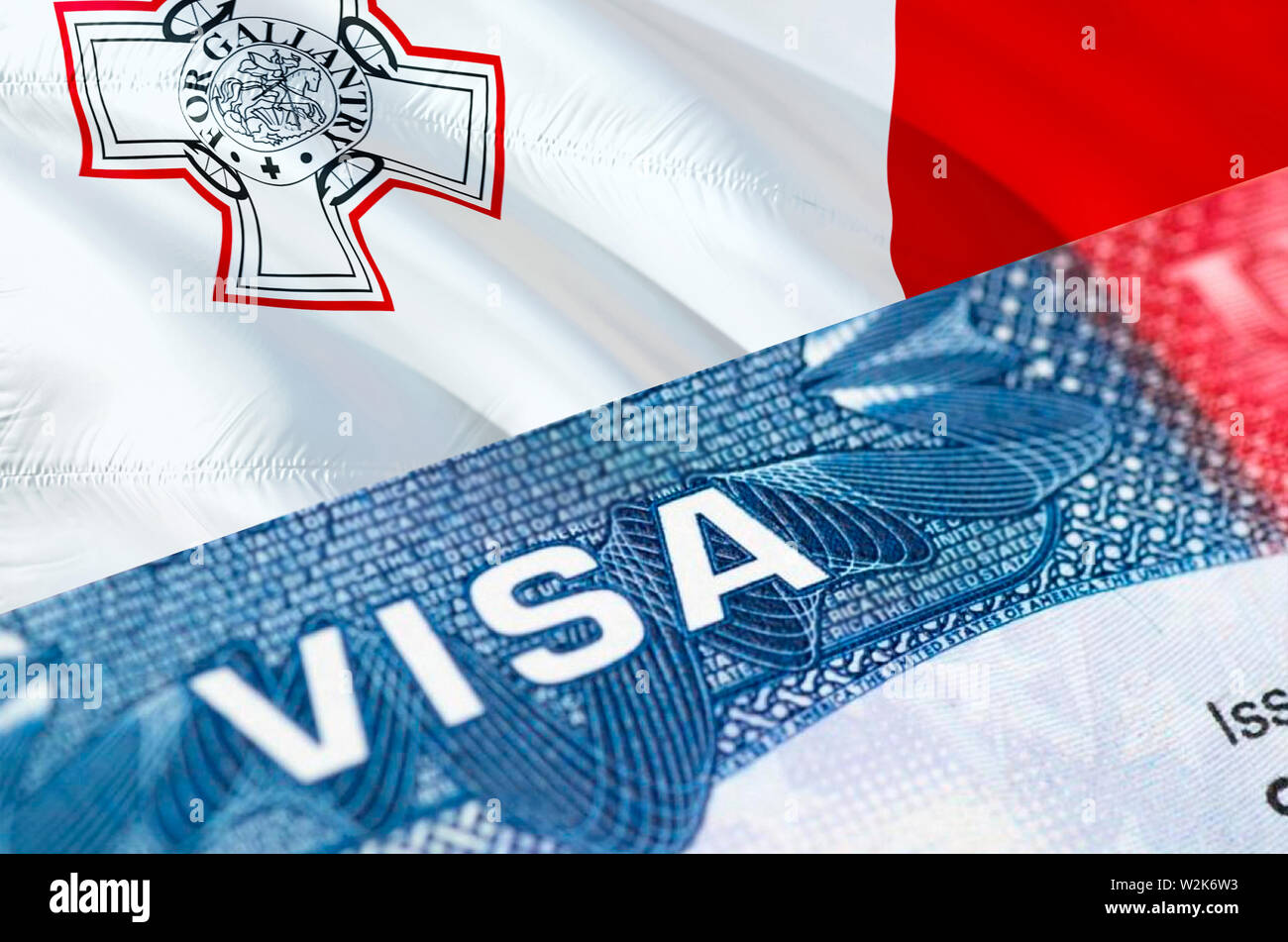Malta visa document close up, 3D rendering. Passport visa on Malta flag