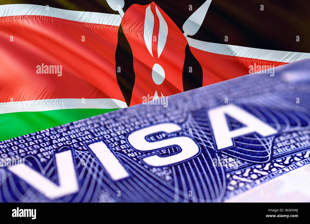 Kenya Visa Document, with Kenya flag in background, 3D rendering. Kenya